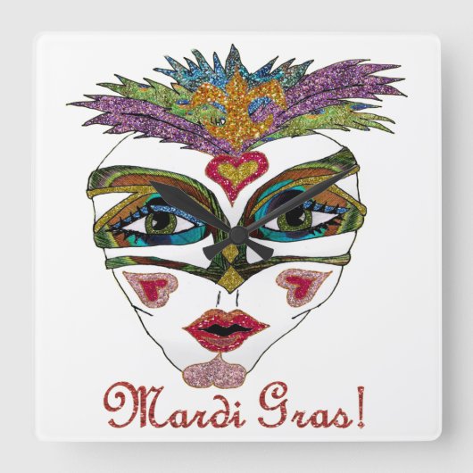 Colorful Mardi Gras Glitter Feather Mask Vierkante Klok (Voorkant)