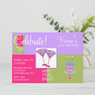 Colorful Martini Glasses Birthday Party Kaart