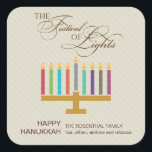 Colorful Menorah Hanukkah Vierkante Sticker<br><div class="desc">Hier is een leuke afbeelding die op zoek is naar een Hanoeka-sticker. Een kleurrijke menorah markeert een gekleurd tulpkleurig paneel met een "Festival of Lights" in een typografische behandeling hierboven. Een speciaal aangepast bericht gaat onder. Ideaal als envelopzegels of voor het plakken op vakantiepakketten of geschenken. Beschikbaar in afwisselende kleuren...</div>