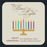 Colorful Menorah Hanukkah Vierkante Sticker<br><div class="desc">Hier is een leuke afbeelding die op zoek is naar een Hanoeka-sticker. Een kleurrijke menorah markeert een gekleurd tulpkleurig paneel met een "Festival of Lights" in een typografische behandeling hierboven. Een speciaal aangepast bericht gaat onder. Ideaal als envelopzegels of voor het plakken op vakantiepakketten of geschenken. Beschikbaar in afwisselende kleuren...</div>