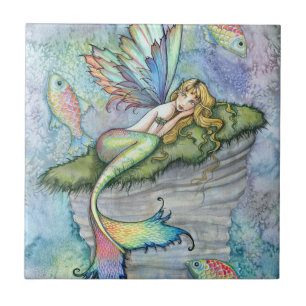 Colorful Mermaid and Carp Fish Fantasy Art Tegeltje