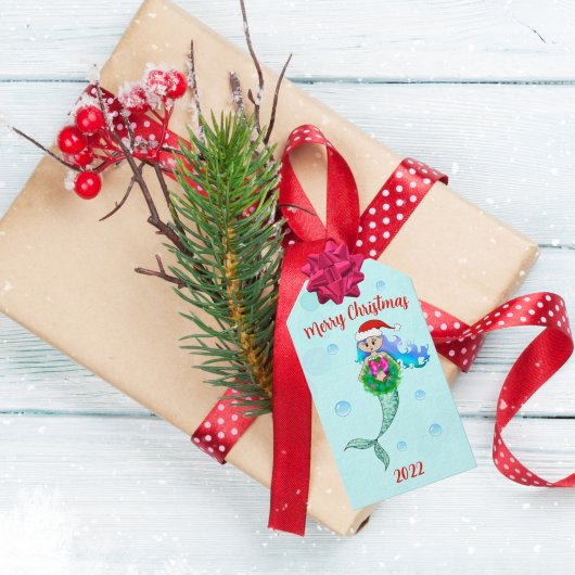 Colorful Mermaid Holding met kerstmis Cadeaulabel