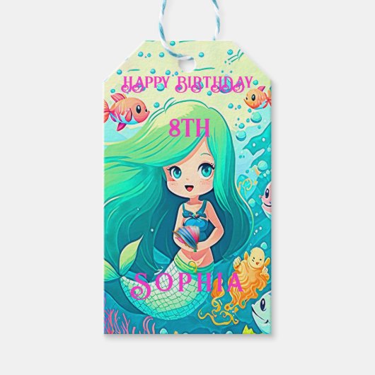 Colorful Mermaid Thleyed Happy Birthday Party Cadeaulabel (Voorkant)