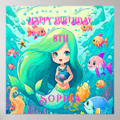 Colorful Mermaid Thleyed Happy Birthday Party Poster (Voorkant)