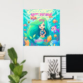 Colorful Mermaid Thleyed Happy Birthday Party Poster (Thuiskantoor)