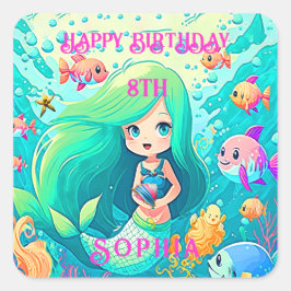 Colorful Mermaid Thleyed Happy Birthday Party Vierkante Sticker