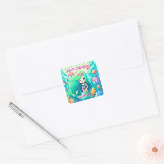 Colorful Mermaid Thleyed Happy Birthday Party Vierkante Sticker (Envelop)