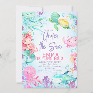 Colorful Mermaid under the Zee Birthday Invitation Kaart