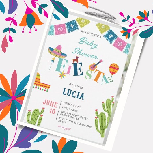 Colorful Mexican Fiesta Cactus Baby shower Kaart