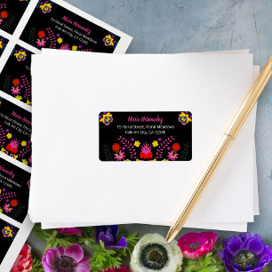 Colorful Mexican Fiesta Flowers Black Address Etiket