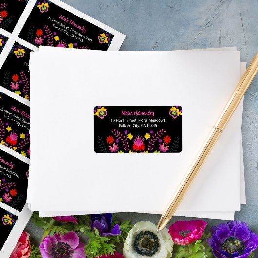 Colorful Mexican Fiesta Flowers Black Address Etiket