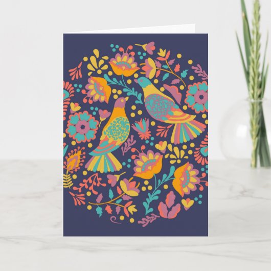 Colorful Mexican Folk Art Birds and Flowers Blue Kaart (Voorkant)
