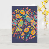 Colorful Mexican Folk Art Birds and Flowers Blue Kaart (Gele Bloem)