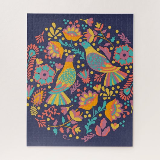 Colorful Mexican Folk Art Birds and Flowers Blue Legpuzzel (Verticaal)