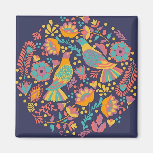 Colorful Mexican Folk Art Birds and Flowers Blue Magneet (Voorkant)