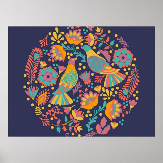 Colorful Mexican Folk Art Birds and Flowers Blue Poster (Voorkant)