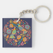 Colorful Mexican Folk Art Birds and Flowers Blue Sleutelhanger (Achterkant)