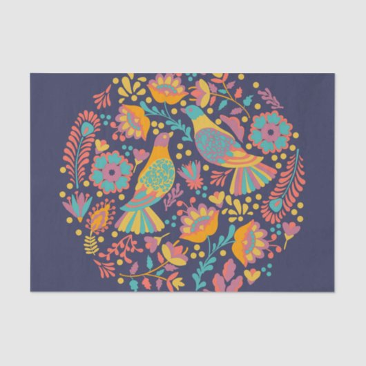 Colorful Mexican Folk Art Birds and Flowers Blue Tissuepapier (Voorkant)