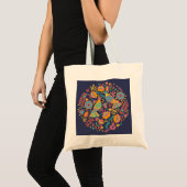Colorful Mexican Folk Art Birds and Flowers Blue Tote Bag (Voorkant (product))