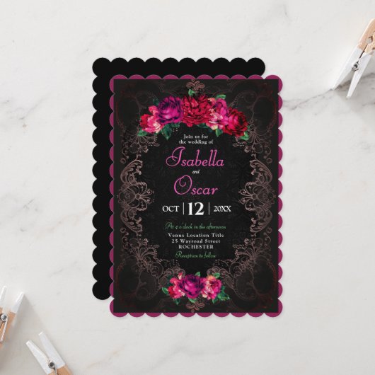Colorful Mexican pink floral wedding black Kaart (Voorkant / Achterkant in situ)