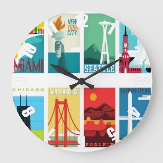Colorful Miami San Francisco Seattle Travel Clock Grote Klok (Voorkant)