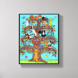 Colorful Millefiori Tree Cute Cartoon Cats Flowers Canvas Afdruk