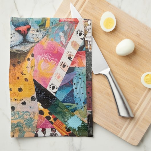 Colorful Mixed Mixed Paper Cat Collage Theedoek (Quarter Fold)