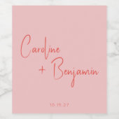 Colorful Modern Boho Pink Red Script Weduwen Wijn Etiket (Enkel label)