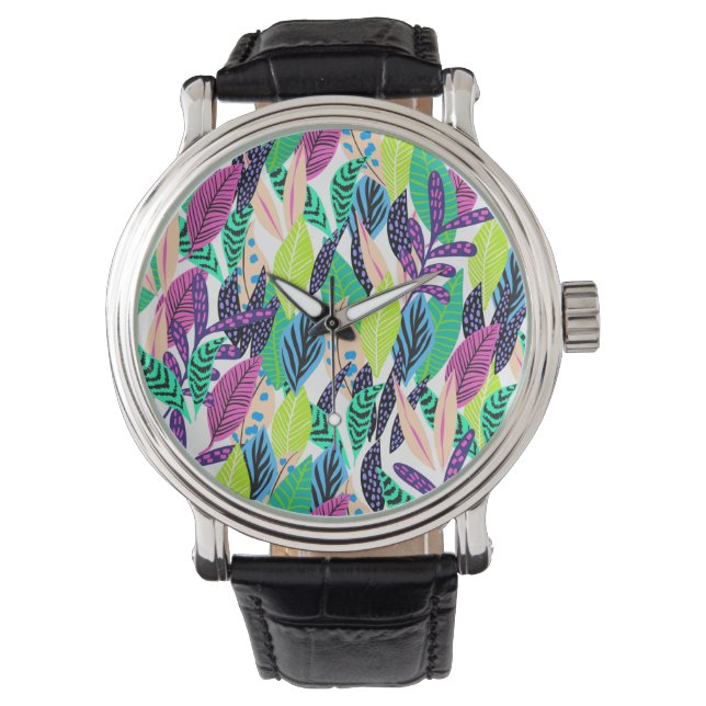 Colorful Modern Botanical Leaves Pattern Horloge (Voorkant)