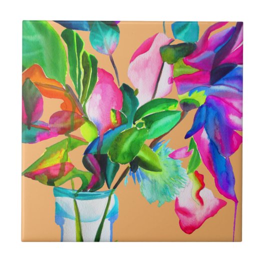 Colorful modern florale bloemen waterverf tegeltje (Voorkant)