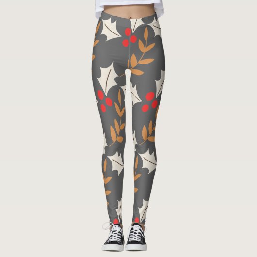 Colorful Modern Kerstgrijs Holly Mistletoe Leggings (Voorkant)