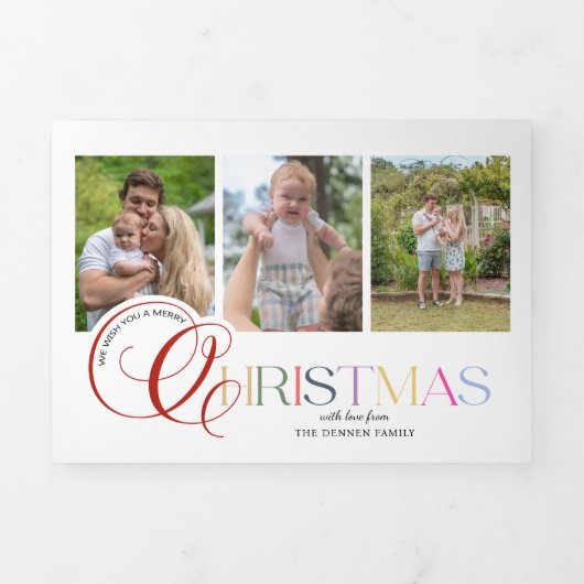 Colorful Modern Merry Christmas Script 3-Photo Drieluik Wenskaart (Cover)