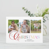 Colorful Modern Merry Christmas Script 3-Photo Feestdagenkaart (Staand voorkant)