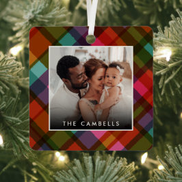 Colorful Modern Plaid Christmas Photo  Metalen Ornament