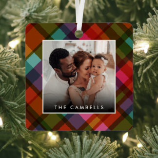 Colorful Modern Plaid Christmas Photo Metalen Ornament