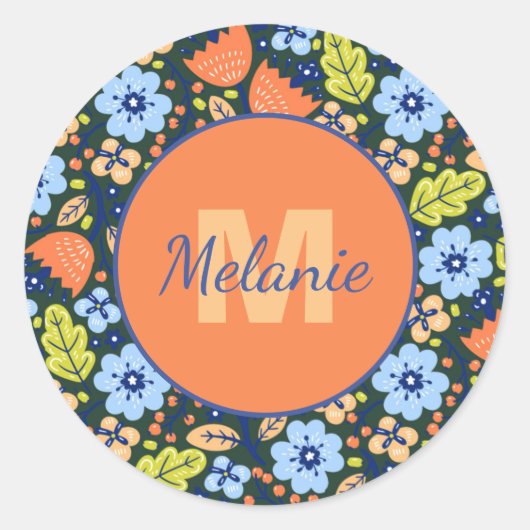 Colorful Modern Pretty Flower Pattern Personalised Ronde Sticker (Voorkant)