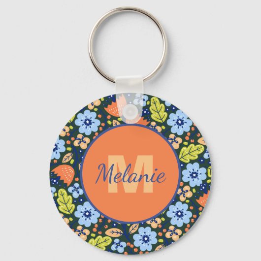 Colorful Modern Pretty Flower Pattern Personalised Sleutelhanger (Voorkant)