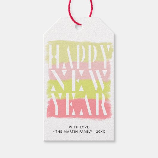 Colorful modern script gelukkig nieuwjaar cadeaulabel (Voorkant)