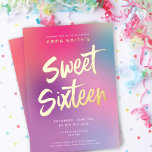 Colorful Modern Sweet Sixteen Birthday Gold Folie Uitnodiging<br><div class="desc">Deze moderne Sweet Sixteen verjaardagsfeestje nodigt een kleurrijke gradiëntachtergrond uit in tinten roze, aqua en paars met een modern penseelscript in verhoogde gouden folie en moderne typografie. De groet van het borstelmanuscript zegt "Zachte Zestien". De gradiëntachtergrond kan met een stevige kleur worden verwijderd en worden vervangen als u verkiest. U...</div>