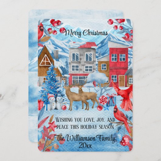 Colorful Modern Waterverf Scandi Town Kerstmis Feestdagenkaart (Voorkant / Achterkant)