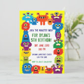 Colorful Monster Birthday Party Invitations Yellow Kaart (Staand voorkant)