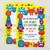 Colorful Monster Birthday Party Invitations Yellow Kaart (Voorkant / Achterkant)