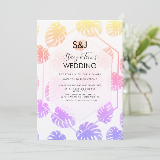 Colorful Monstera Hand Drawn Botany Wedding Kaart (Staand voorkant)