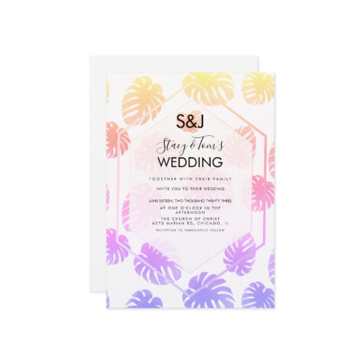 Colorful Monstera Hand Drawn Botany Wedding Kaart (Voorkant / Achterkant in situ)