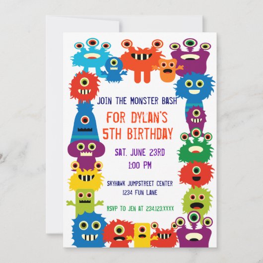 Colorful Monsters Birthday Party Invitations Kaart (Voorkant)