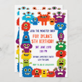 Colorful Monsters Birthday Party Invitations Kaart (Voorkant / Achterkant)