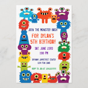 Colorful Monsters Birthday Party Invitations Kaart