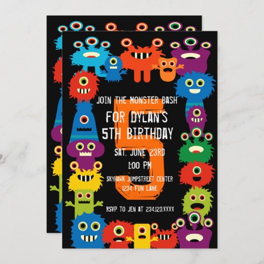 Colorful Monsters kinderen Birthday Party Invitati Kaart (Voorkant / Achterkant)