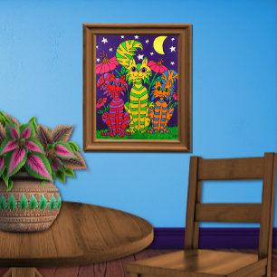 Colorful Moonlight Cats Folk Art Poster