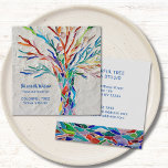 Colorful Mosaic Tree Yoga Studio Vierkante Visitekaartje<br><div class="desc">Dit decoratieve en unieke visitekaartje is voorzien van een afdruk van een regenbooggekleurde boom op een bleke grijze achtergrond. Ik maakte het originele ontwerp in mozaïek met veel kleine fragmenten van helder gekleurd glas. Voeg jouw naam, beroep en bedrijf toe om deze kaart aan te passen. Op de rug is...</div>